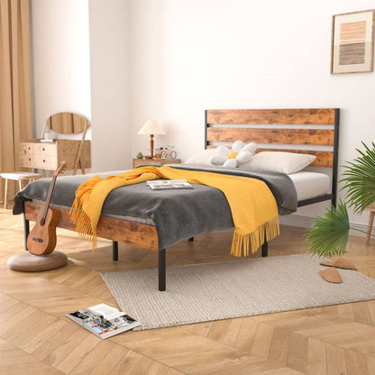 Base de cama tipo plataforma industrial tamaño queen con cabecero y piecero de listones de madera marrón