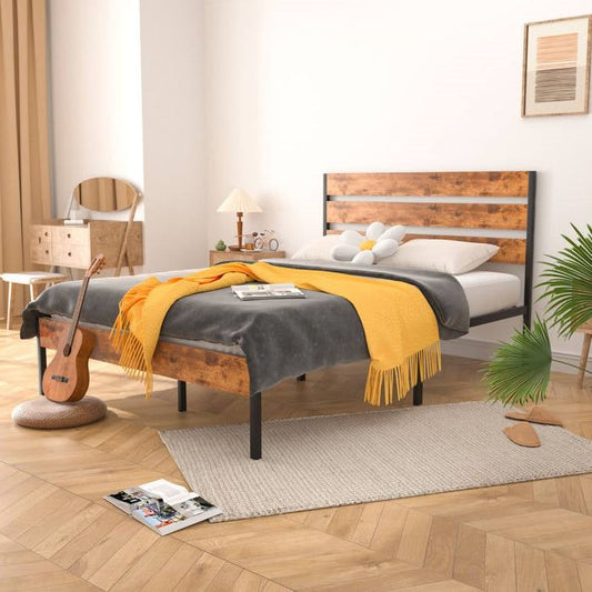 Queen Industrial Platform Bed Frame with Brown Wood Slatted Headboard Footboard - Tampa Home & Garden Store