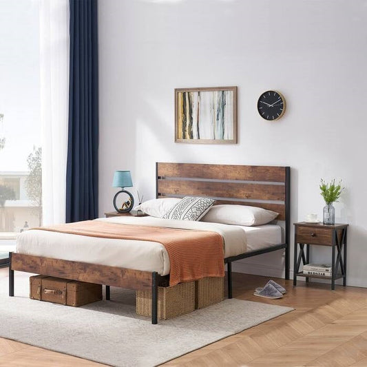 Queen Industrial Platform Bed Frame with Brown Wood Slatted Headboard Footboard - Tampa Home & Garden Store