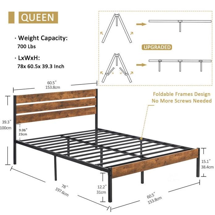 Base de cama tipo plataforma industrial tamaño queen con cabecero y piecero de listones de madera marrón
