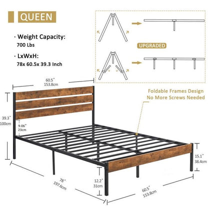 Base de cama tipo plataforma industrial tamaño queen con cabecero y piecero de listones de madera marrón