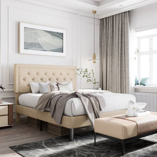 Queen Adjustable Height Platform Bed Frame with Beige Upholstered Headboard - Tampa Home & Garden Store