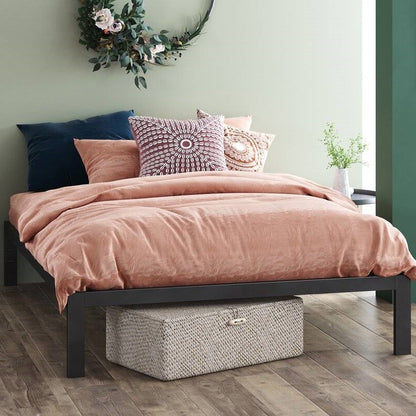 Base de cama plataforma de metal negro Queen con listones de madera - 317,5 kg de capacidad de peso