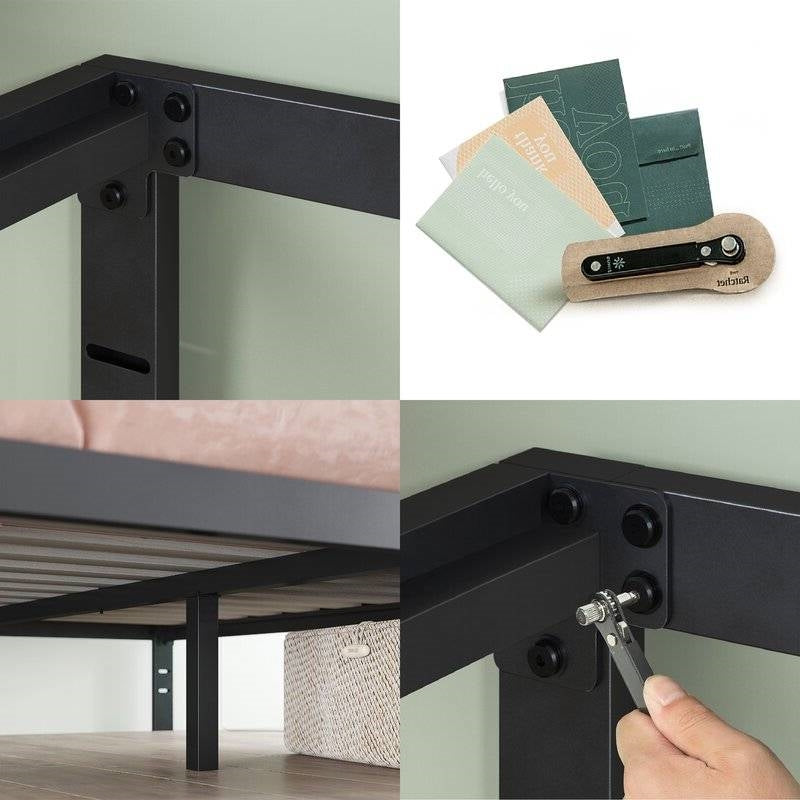 Base de cama plataforma de metal negro Queen con listones de madera - 317,5 kg de capacidad de peso