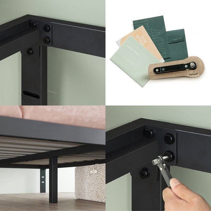 Base de cama plataforma de metal negro Queen con listones de madera - 317,5 kg de capacidad de peso