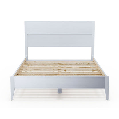 Cama Queen Size con Plataforma de Listones Rústica Blanca Estilo Mid-Century