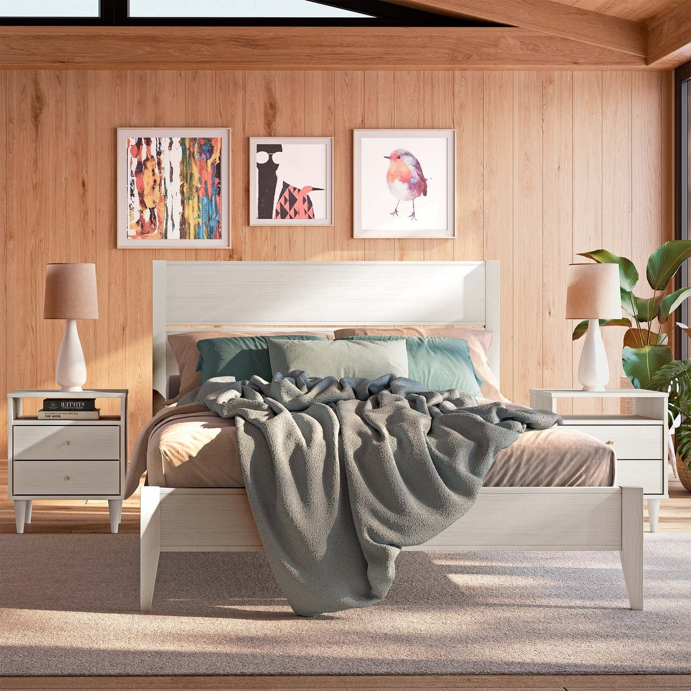 Cama Queen Size con Plataforma de Listones Rústica Blanca Estilo Mid-Century