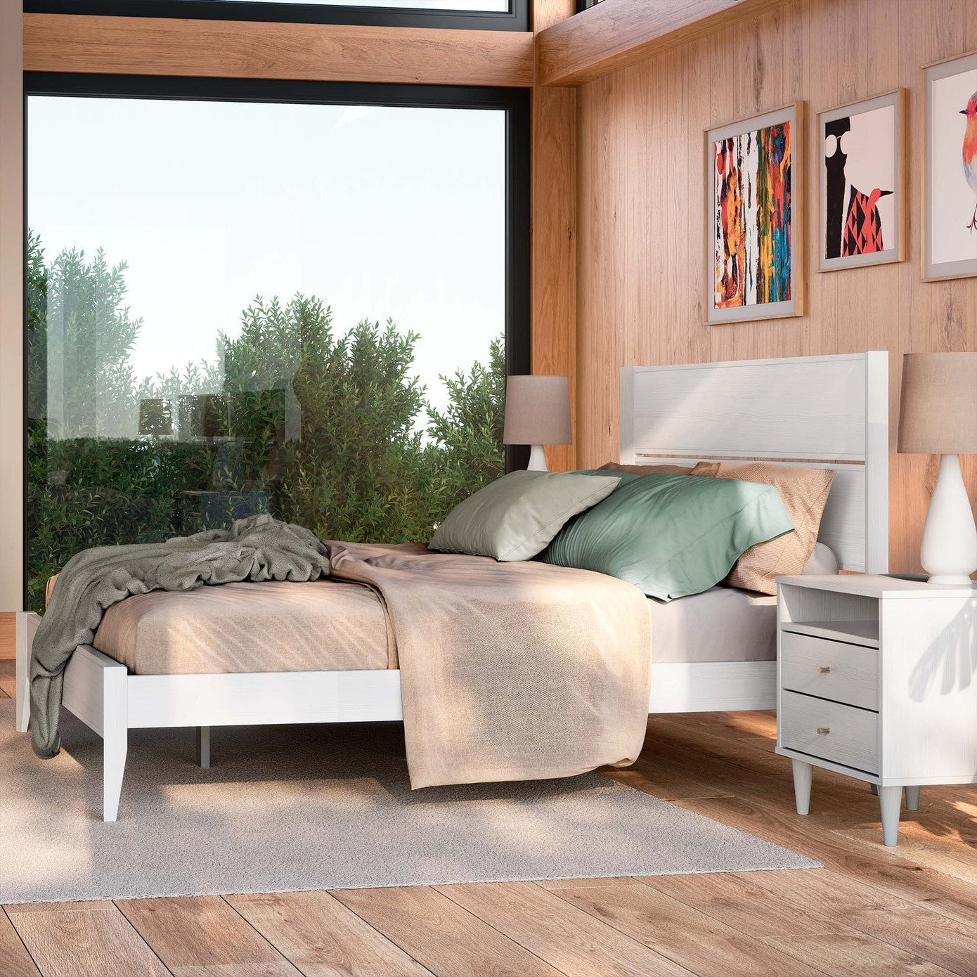 Cama Queen Size con Plataforma de Listones Rústica Blanca Estilo Mid-Century