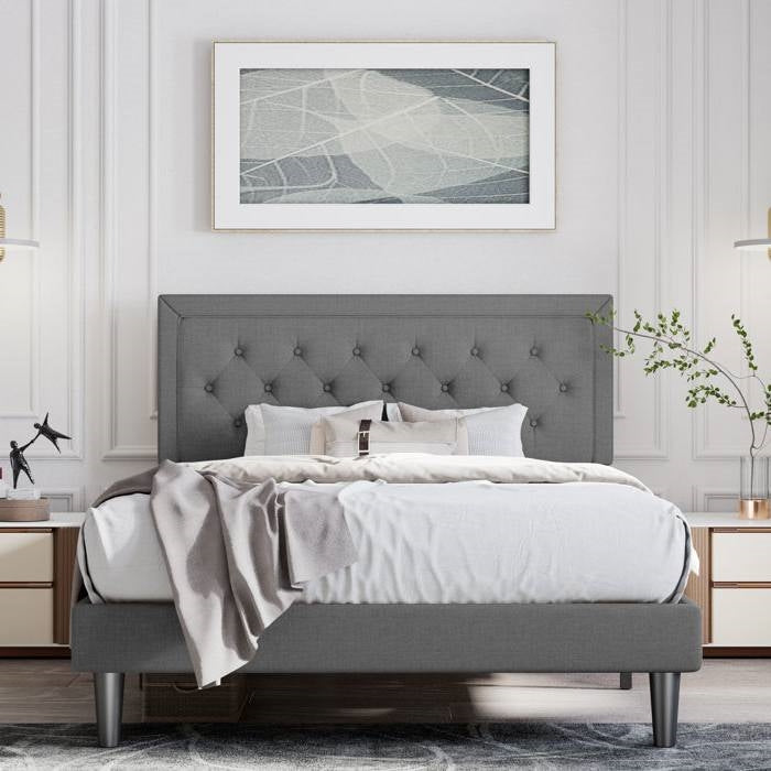 Cama con plataforma tapizada en lino gris oscuro Queen con cabecero capitoné