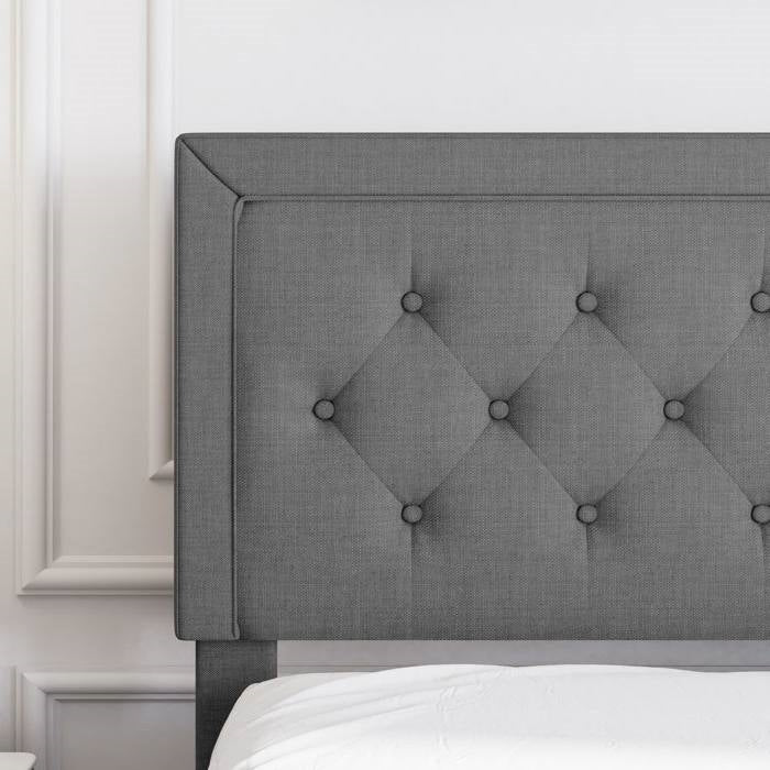 Cama con plataforma tapizada en lino gris oscuro Queen con cabecero capitoné