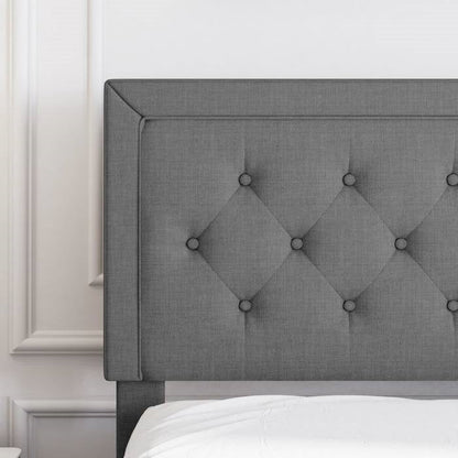 Cama con plataforma tapizada en lino gris oscuro Queen con cabecero capitoné
