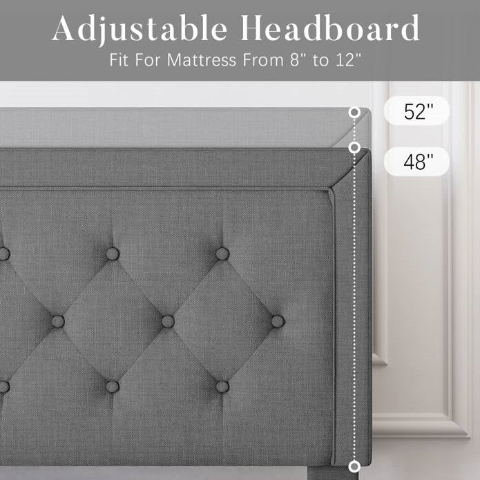Cama con plataforma tapizada en lino gris oscuro Queen con cabecero capitoné