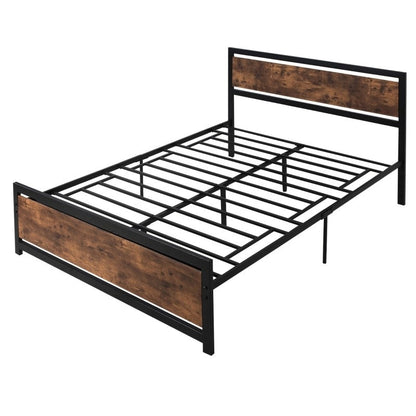 Cama Plataforma Queen Size de Metal y Madera Estilo Rústico con Cabecero y Pie de Cama