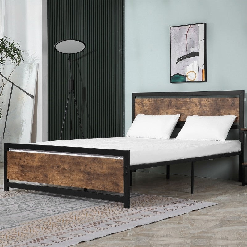 Cama Plataforma Queen Size de Metal y Madera Estilo Rústico con Cabecero y Pie de Cama