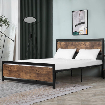 Cama Plataforma Queen Size de Metal y Madera Estilo Rústico con Cabecero y Pie de Cama