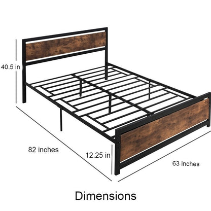 Cama Plataforma Queen Size de Metal y Madera Estilo Rústico con Cabecero y Pie de Cama