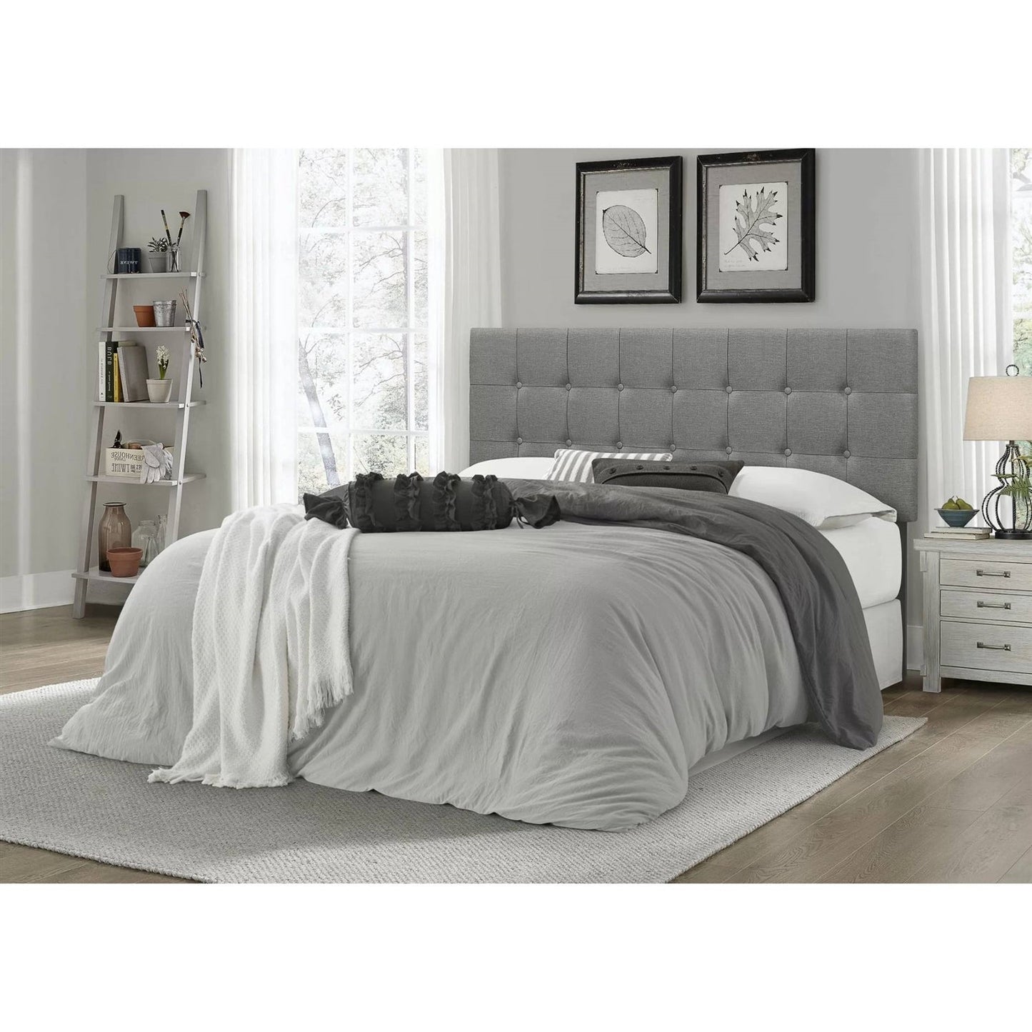 Cabecero de cama Queen moderno clásico con botones tapizado en tela gris