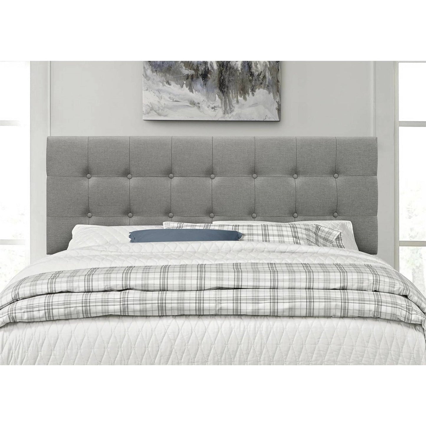 Cabecero de cama Queen moderno clásico con botones tapizado en tela gris