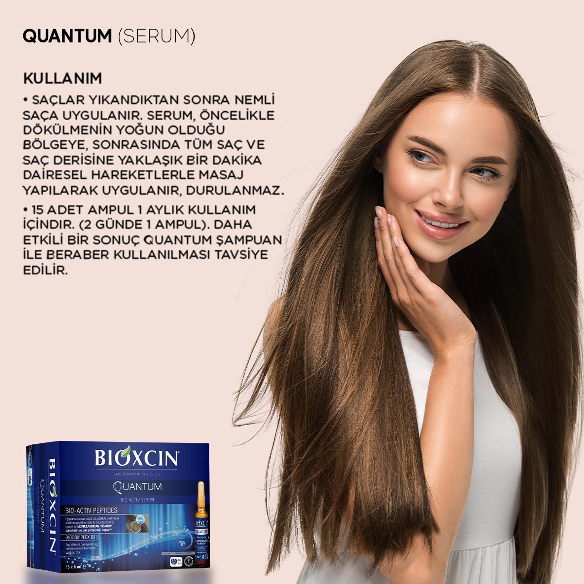 Bioxcin Quantum Bio-Activ Serum box with model and long brown hair, Beauty Care Bag branding on Tampa Home & Garden Store