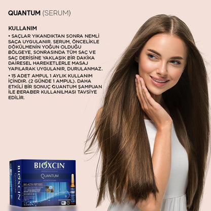 Bioxcin Quantum Bio-Activ Serum box with model and long brown hair, Beauty Care Bag branding on Tampa Home & Garden Store