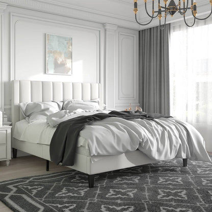 Base de cama tapizada de terciopelo blanco tamaño Queen con cabecero