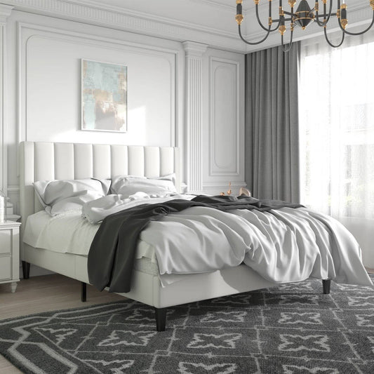 Queen size White Velvet Upholstered Platform Bed Frame with Headboard - Tampa Home & Garden Store