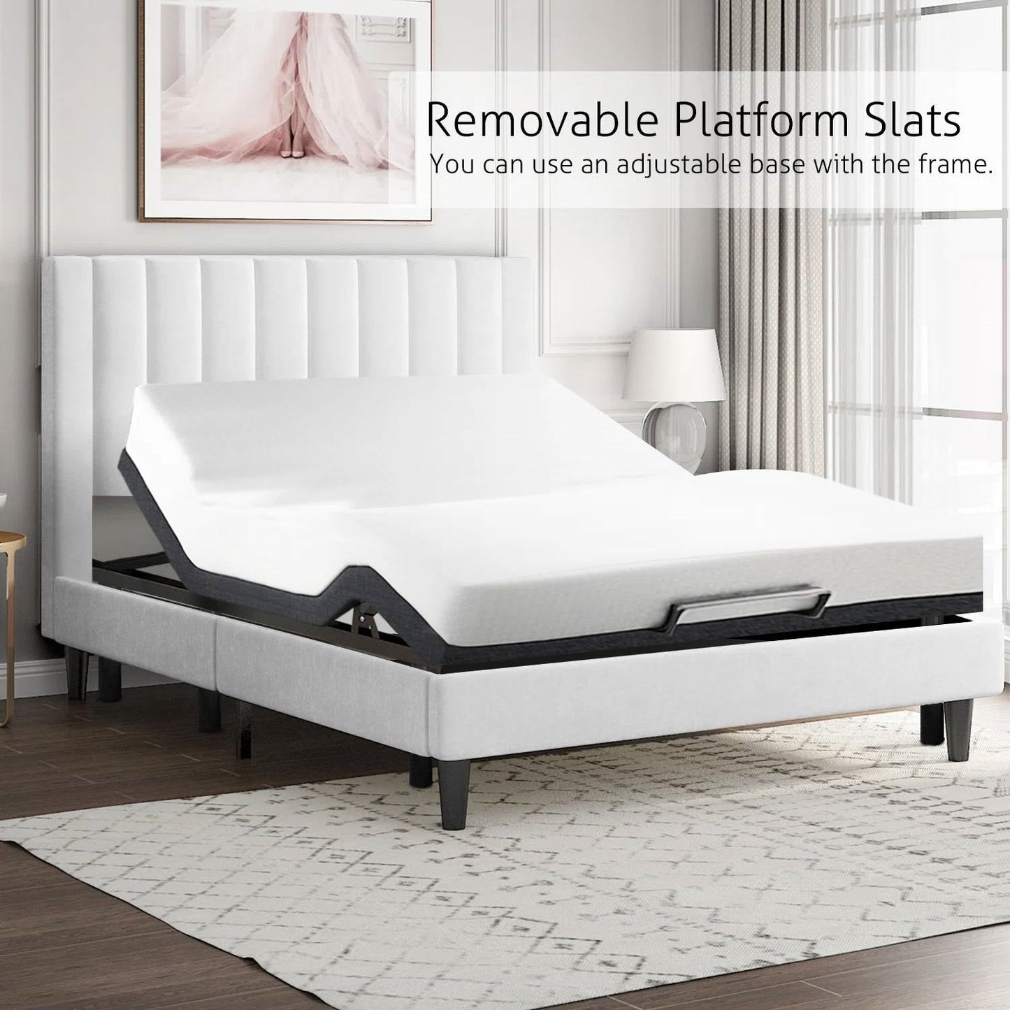 Base de cama tapizada de terciopelo blanco tamaño Queen con cabecero