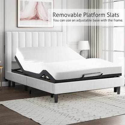 Base de cama tapizada de terciopelo blanco tamaño Queen con cabecero