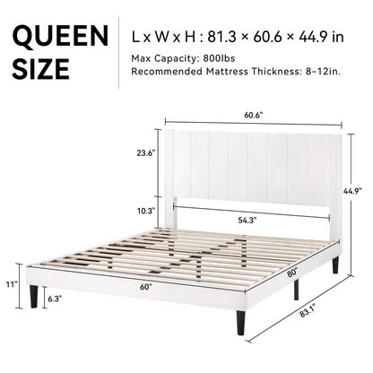 Base de cama tapizada de terciopelo blanco tamaño Queen con cabecero