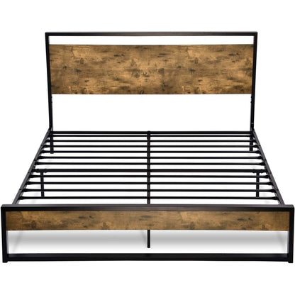 Base de cama de plataforma Queen de metal y madera con cabecero industrial