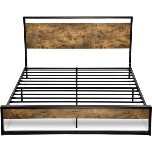 Queen size Metal Wood Platform Bed Frame with Industrial Headboard - Tampa Home & Garden Store