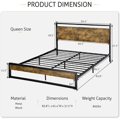 Base de cama de plataforma Queen de metal y madera con cabecero industrial