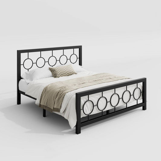 Queen Black Metal Platform Bed Frame with Circle Medallion Headboard Footboard