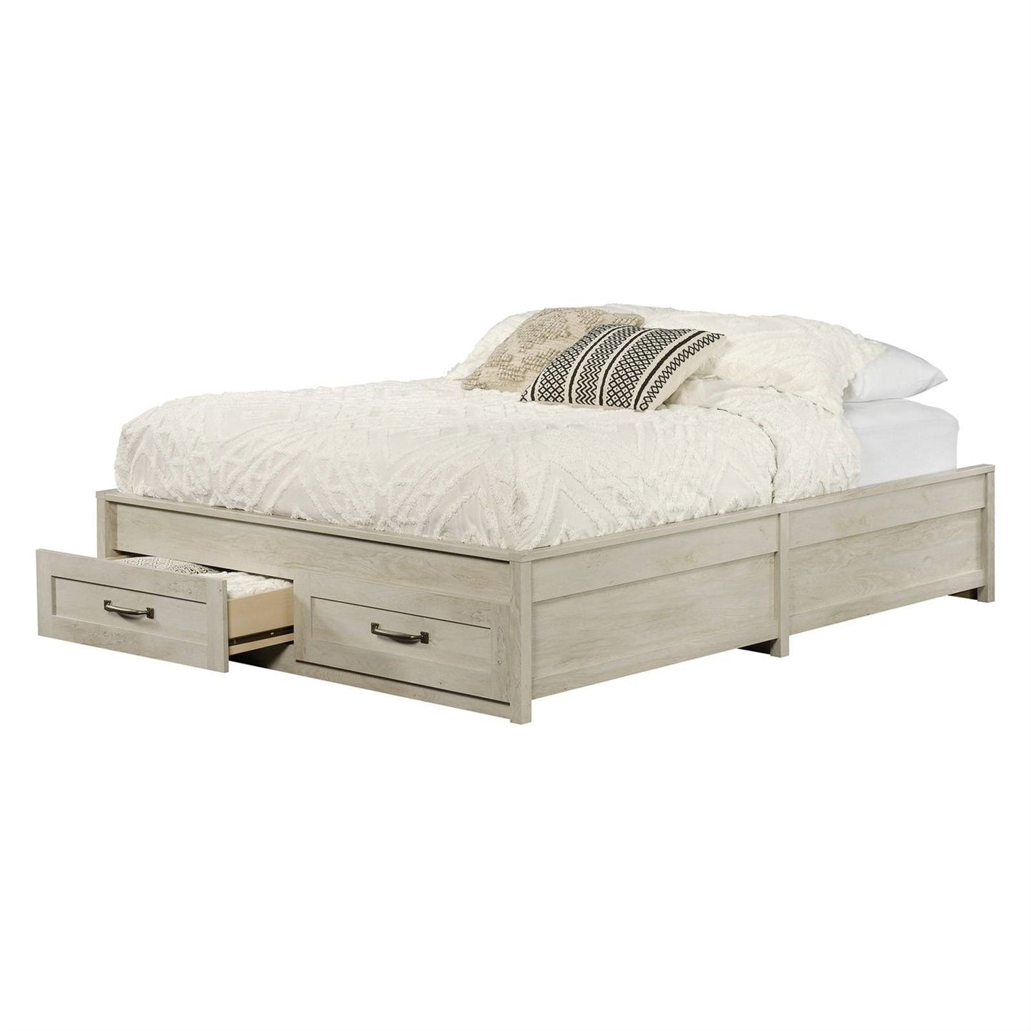 Cama con plataforma Queen Farmhome con cajones de almacenamiento en acabado de madera blanquecina