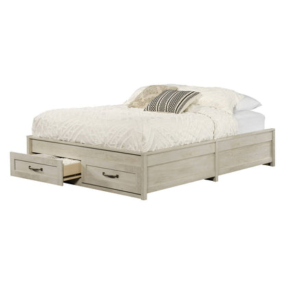 Cama con plataforma Queen Farmhome con cajones de almacenamiento en acabado de madera blanquecina