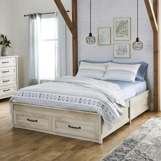 Queen farmhouse platform bed with 2 storage drawers in an off-white washed wood finish on Tampa Home & Garden Store