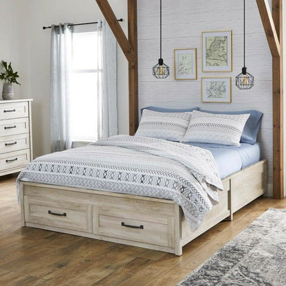 Cama con plataforma Queen Farmhome con cajones de almacenamiento en acabado de madera blanquecina