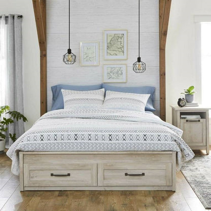 Cama con plataforma Queen Farmhome con cajones de almacenamiento en acabado de madera blanquecina