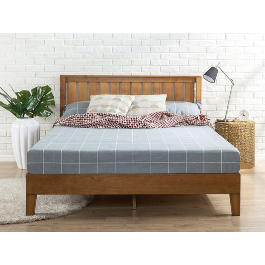 Queen Solid Wood Platform Bed Frame with Headboard in Medium Brown Finish - Tampa Home & Garden Store