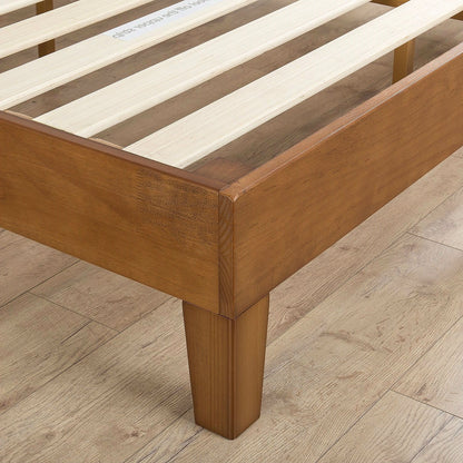 Base de cama tipo plataforma de madera maciza Queen con cabecero en acabado marrón medio