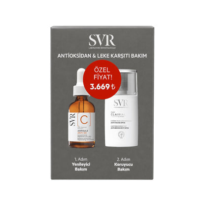 SVR Clairial Brightening & Antioxidant Skincare Set with amber ampoule and white bottle on gray box on Tampa Home & Garden Store