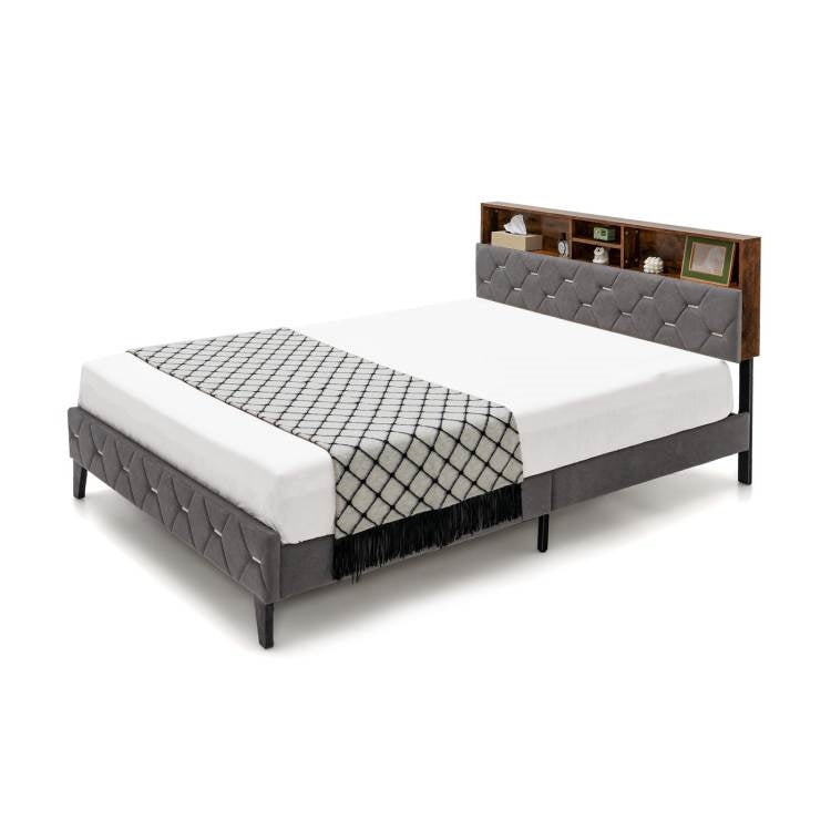 Cama Plataforma con Cabecero de Almacenamiento Abierto/Cerrado Tapizado en Terciopelo Tamaño Queen