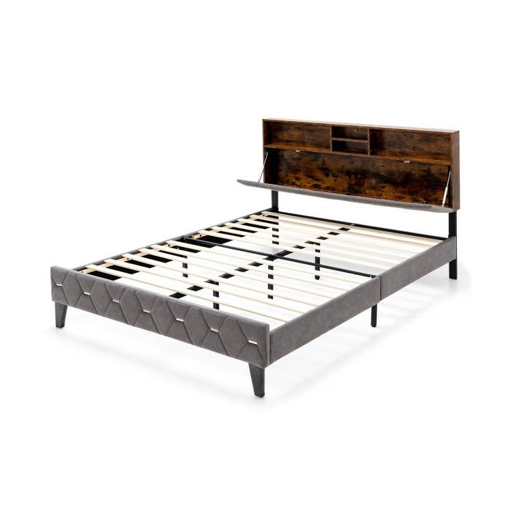 Cama Plataforma con Cabecero de Almacenamiento Abierto/Cerrado Tapizado en Terciopelo Tamaño Queen