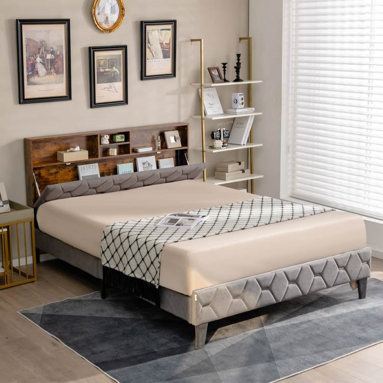 Cama Plataforma con Cabecero de Almacenamiento Abierto/Cerrado Tapizado en Terciopelo Tamaño Queen