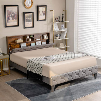 Cama Plataforma con Cabecero de Almacenamiento Abierto/Cerrado Tapizado en Terciopelo Tamaño Queen