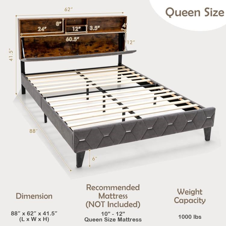 Cama Plataforma con Cabecero de Almacenamiento Abierto/Cerrado Tapizado en Terciopelo Tamaño Queen