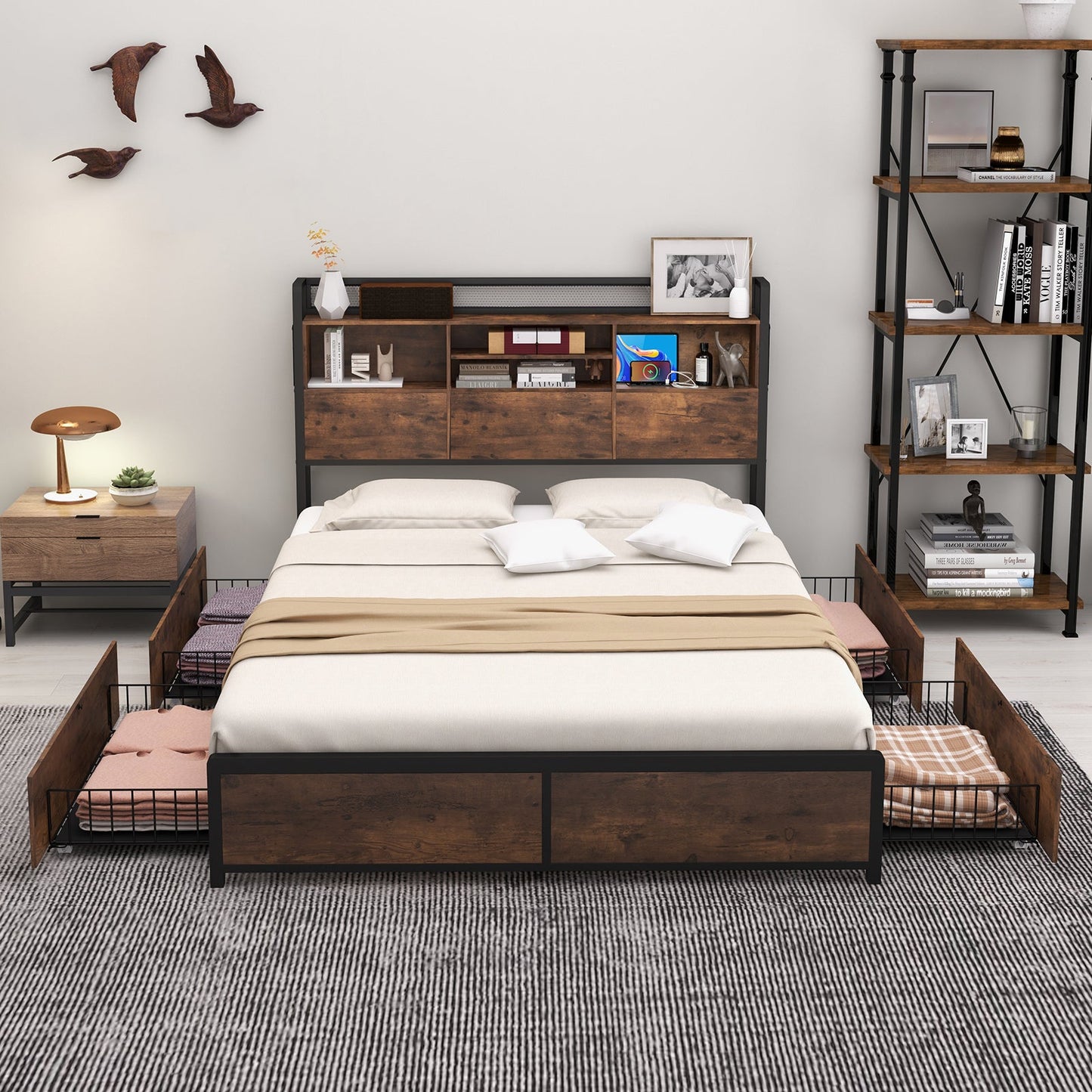 Full/Queen Size Bed Frame with Bookcase Headboard and 4 Storage Drawers
