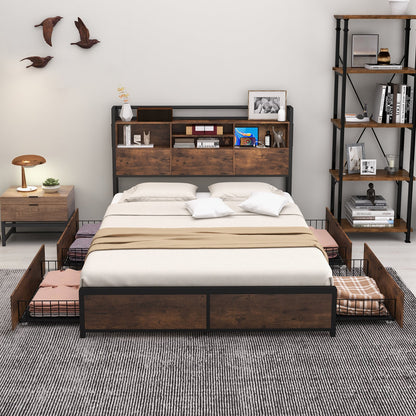 Full/Queen Size Bed Frame with Bookcase Headboard and 4 Storage Drawers