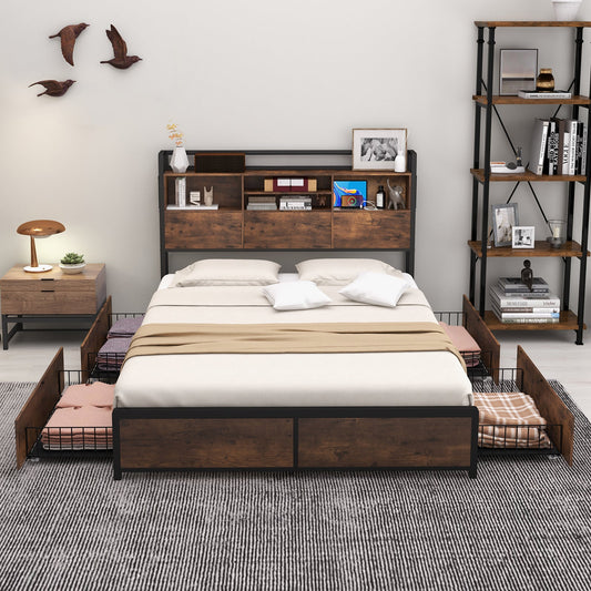 Full/Queen Size Bed Frame with Bookcase Headboard and 4 Storage Drawers - Tampa Home & Garden Store