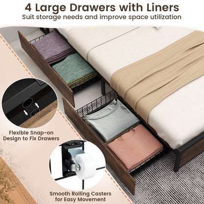 Full/Queen Size Bed Frame with Bookcase Headboard and 4 Storage Drawers